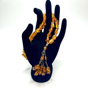 Vintage Genuine Amber Beaded Necklace with Tassel Drop Boho Statement